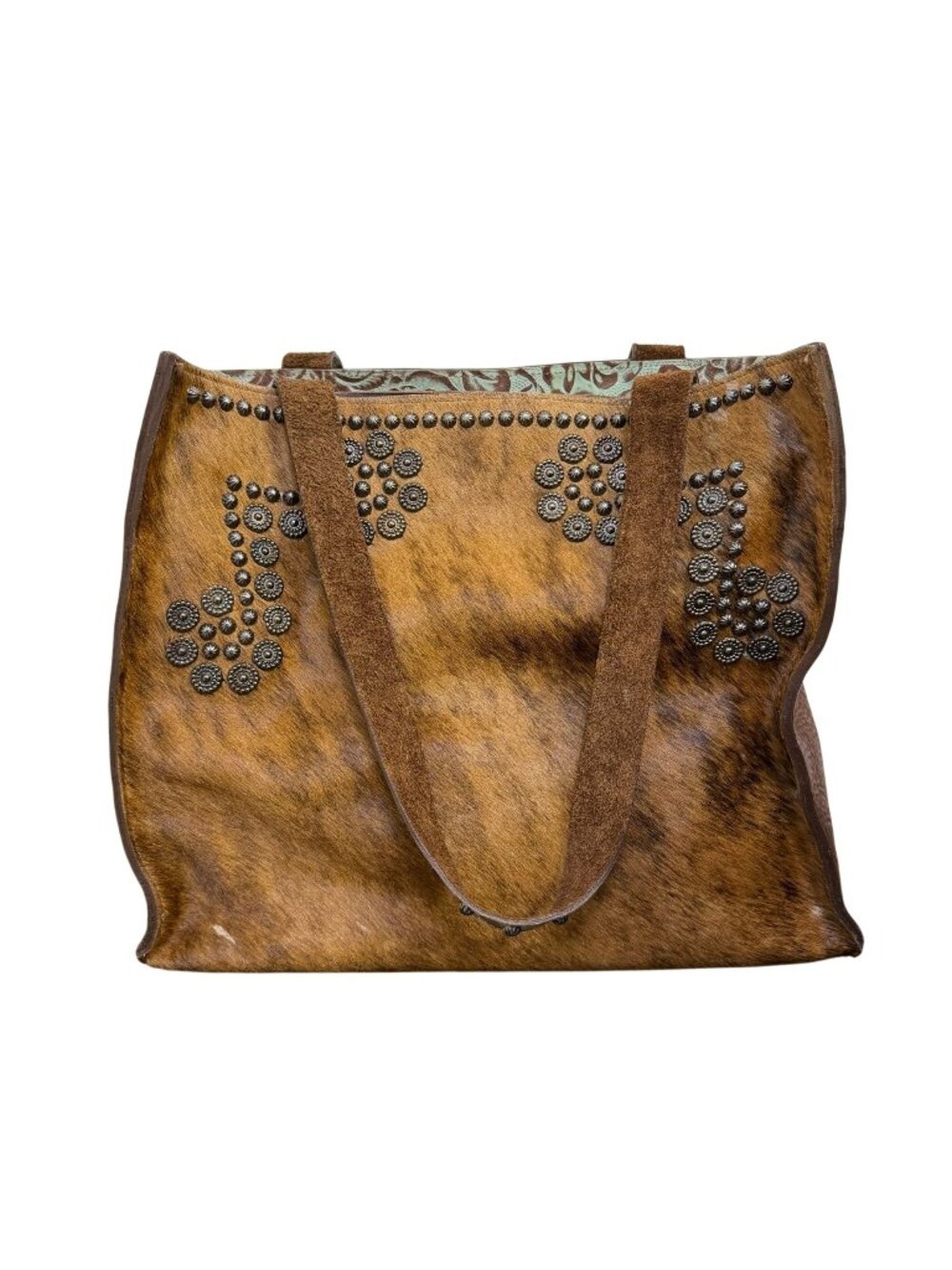 Arohoe Hair-On Tote Bag With Embossed Floral Leather & Stud Accents Turquoise &